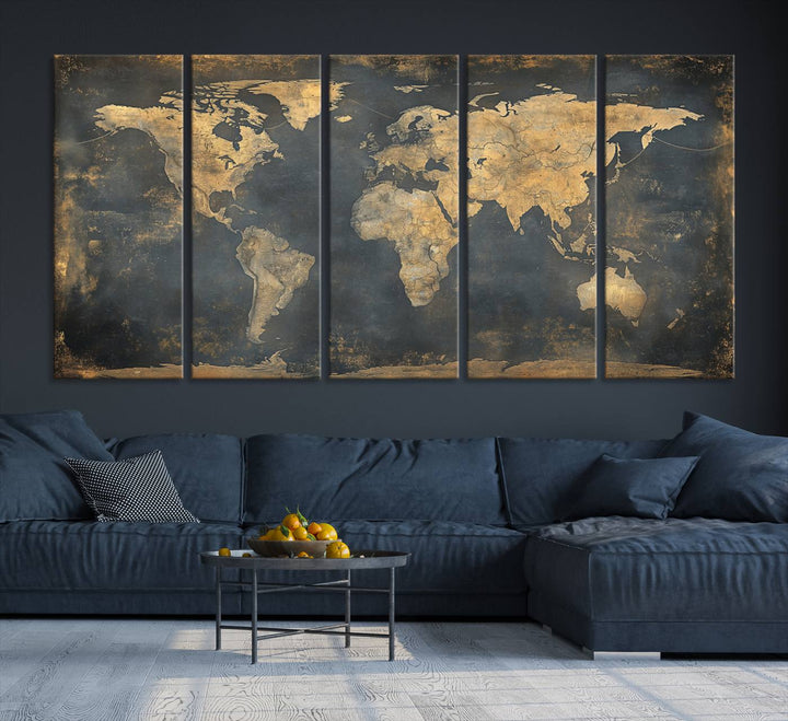 Grunge World Map Canvas Wall Art - Vintage Aged World Map with Golden Tones, Framed Artwork for Living Room, Office, or Study Decor
