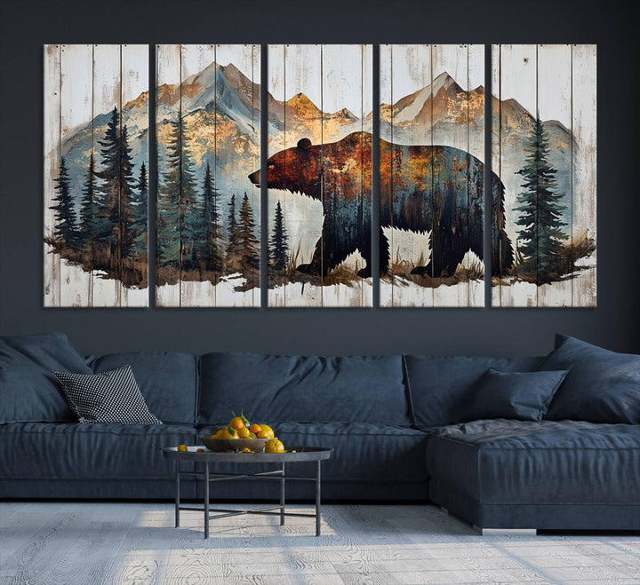 The living room features Rustic Grizzly 399 bear wall art, adding a cozy touch to the setup.