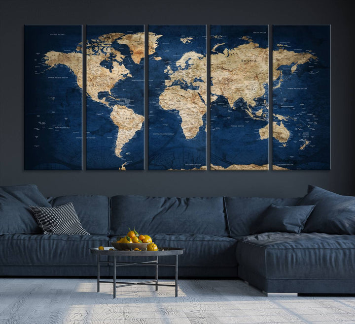 A personalized world map canvas print hangs above.