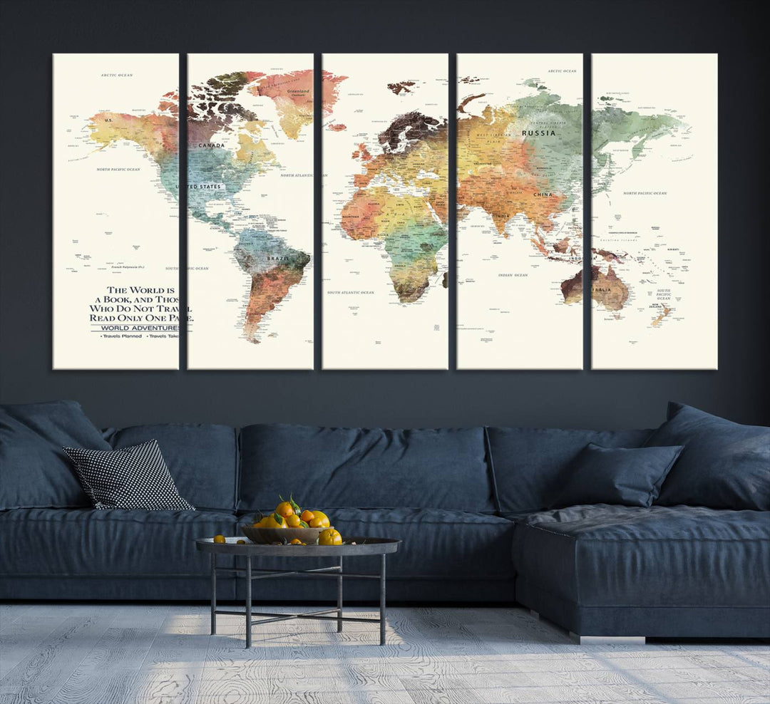 A colorful Personalized World Map Canvas Print, ideal as wall art for living room or office.