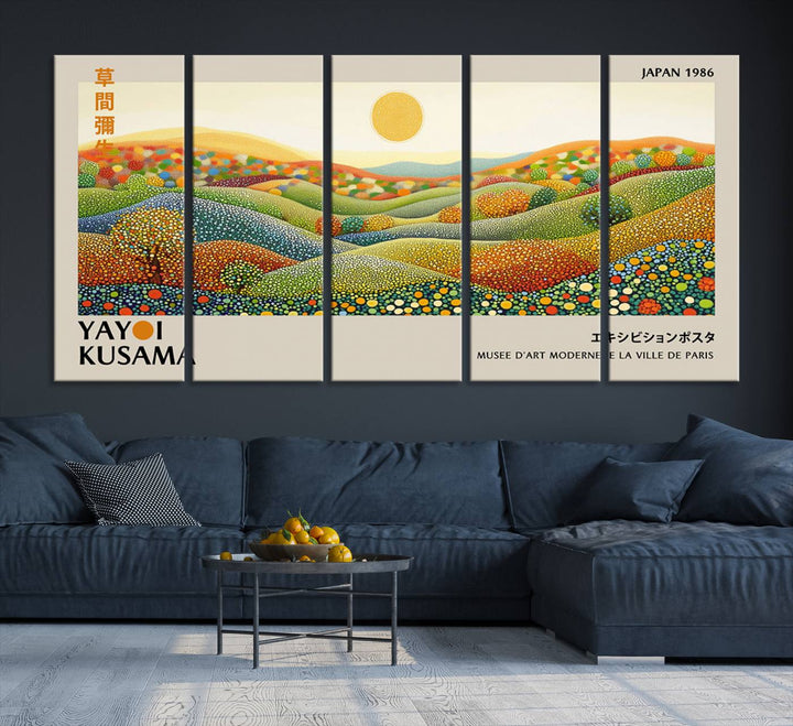 The Yayoi Kusama Wabi Sabi Japanese Wall Art Print features a vibrant landscape with dots, sun, and mountains.