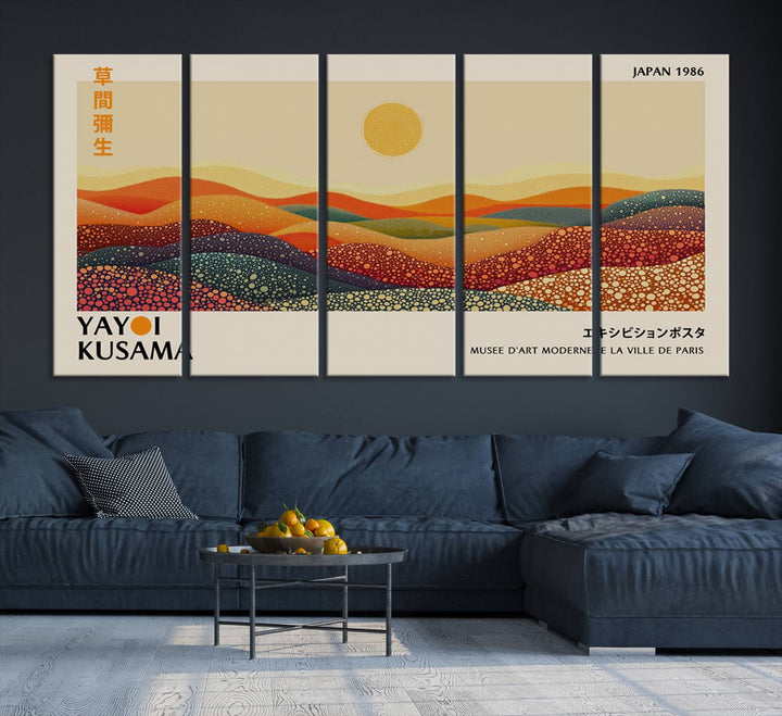 A Yayoi Kusama Wabi Sabi Japanese Wall Art Print features a vibrant, abstract landscape on canvas.