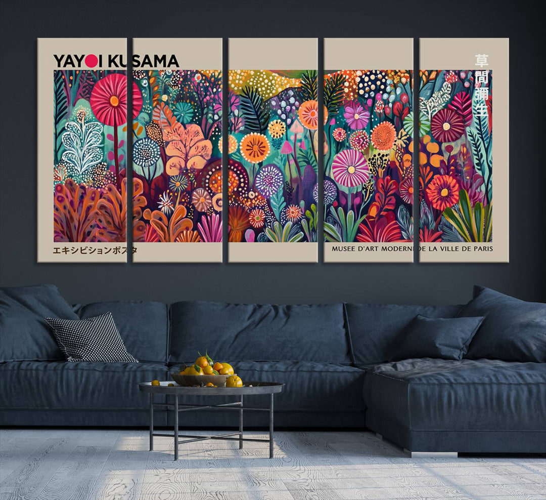 A framed "Yayoi Kusama Wall Art Canvas Print" showcases an abstract floral design, reflecting Japanese aesthetics.