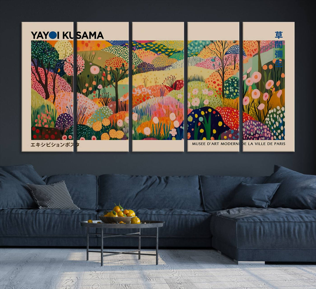 A Yayoi Kusama Wall Art Canvas Print featuring vibrant abstract floral patterns is displayed in a tranquil forest setting.