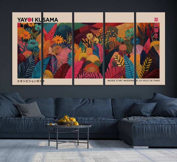 The Yayoi Kusama Inspired Wall Art Canvas Print features colorful flowers and foliage, presented with a premium canvas and gallery-quality finish.