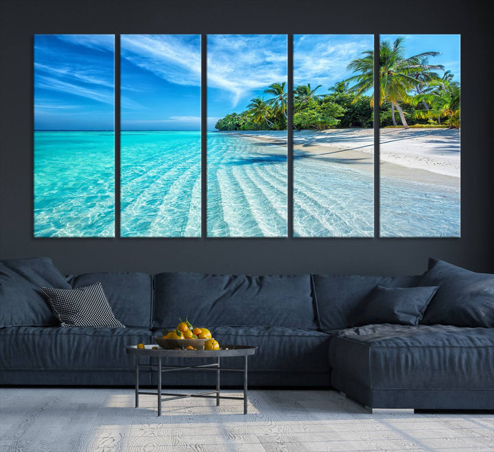 The Tropical Beach Wall Art Canvas Print showcases a serene ocean landscape with crystal clear turquoise water and palm trees, beautifully enhancing the coastal decor.