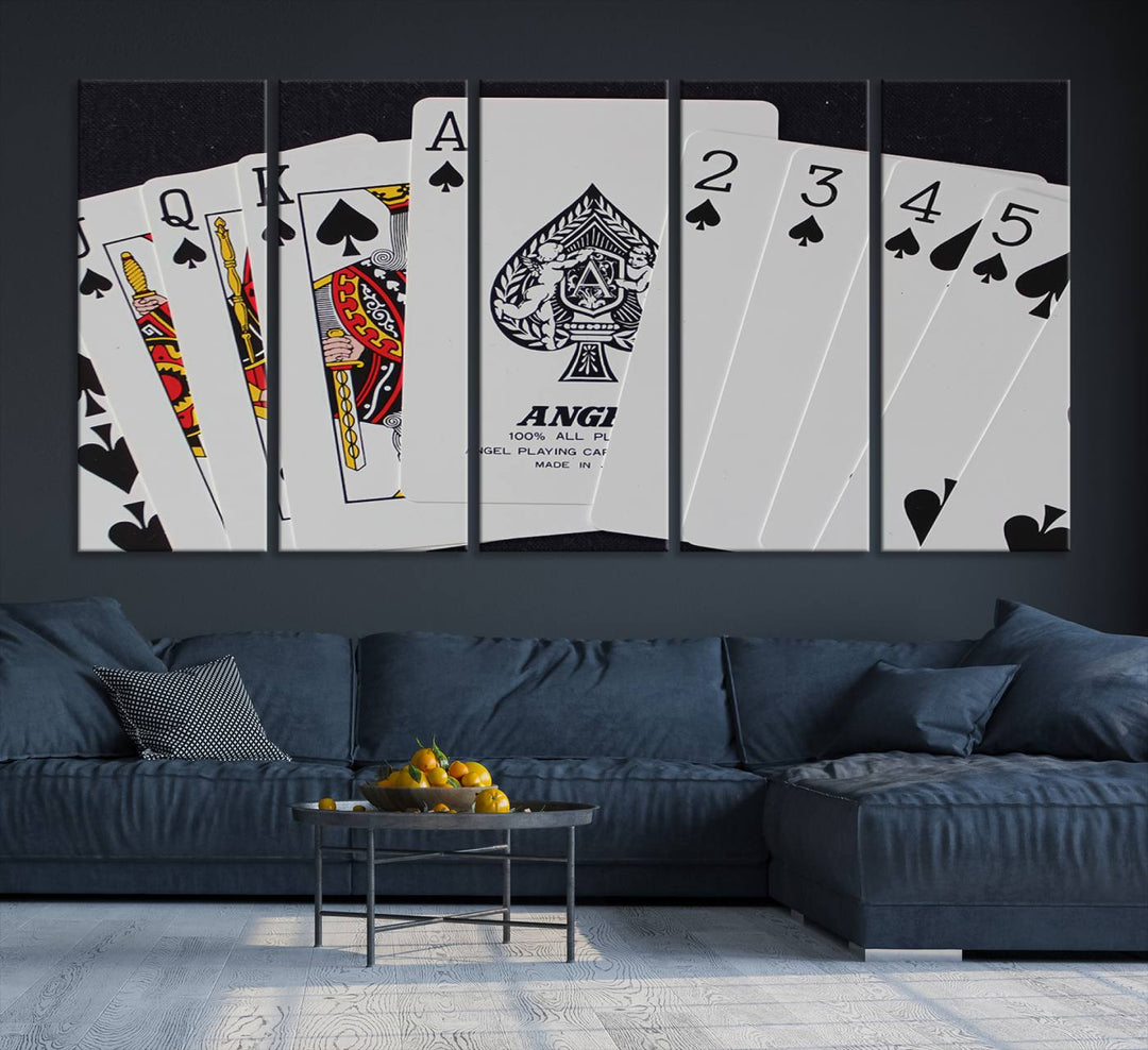 The Poker Wall Art - Playing Cards Canvas Wall Art Print features an Ace of Spades and Royal Flush design. This piece adds a classic charm to any space with its subtle emphasis on the Ace of Spades, making it perfect for game room decor.