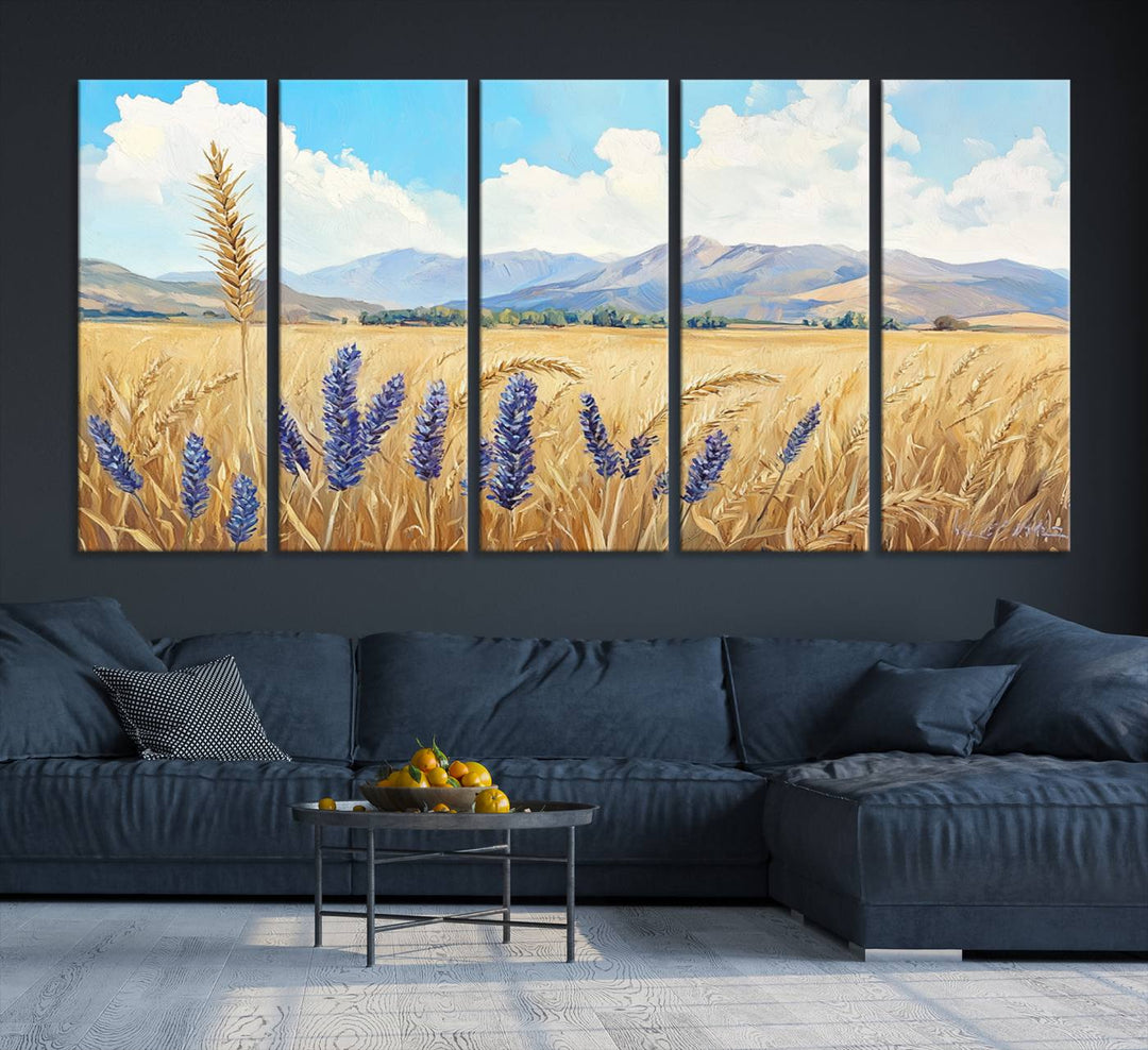 The Abstract Wheat Field Wall Art is a scenic landscape canvas print featuring golden wheat fields and lavender blooms, ideal for farmhouse or rustic decor.