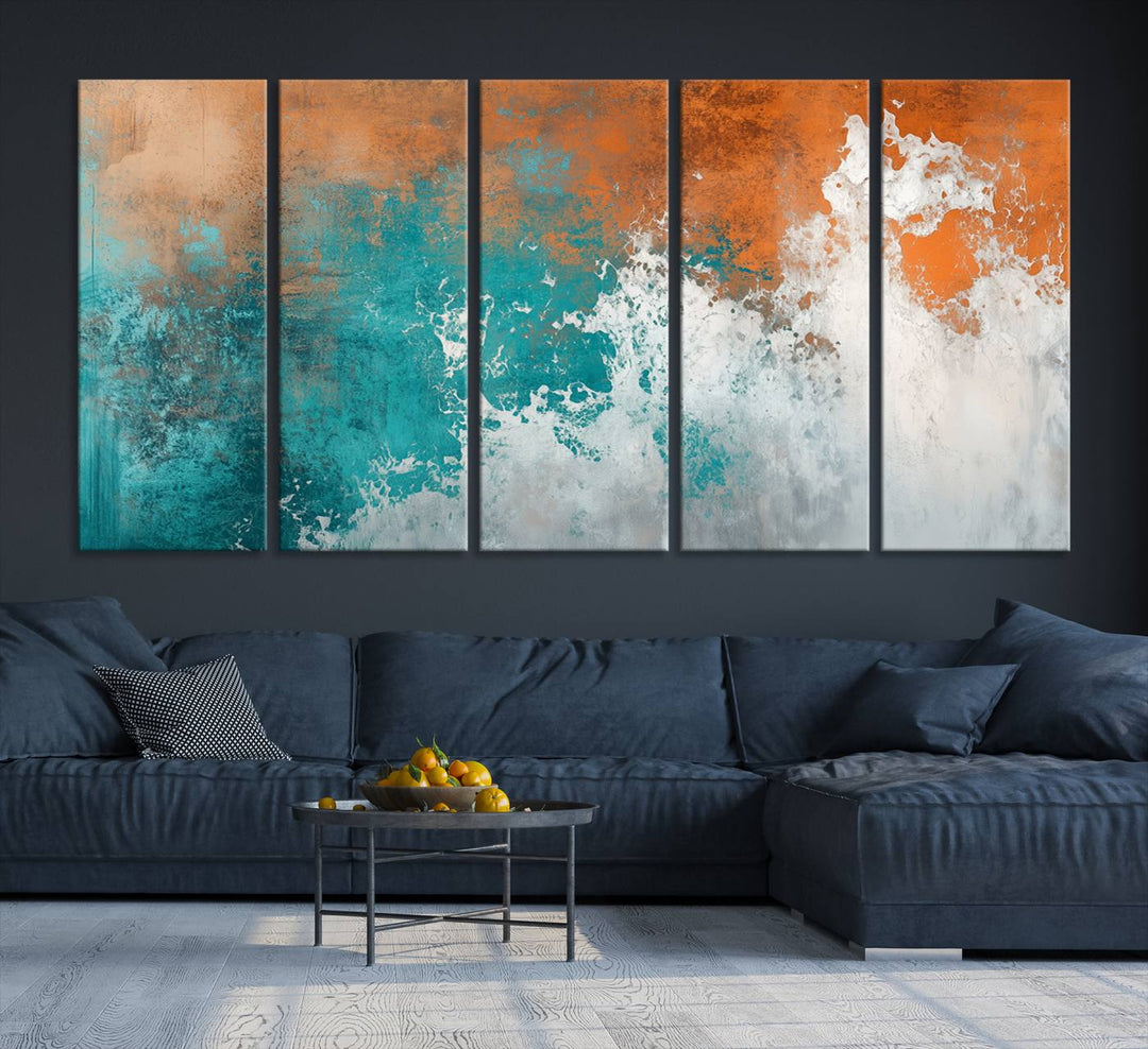 Vintage Abstract Print - Bold Teal and Orange Canvas Wall Art - Retro-Vintage Abstract Orange Canvas for Modern Decor