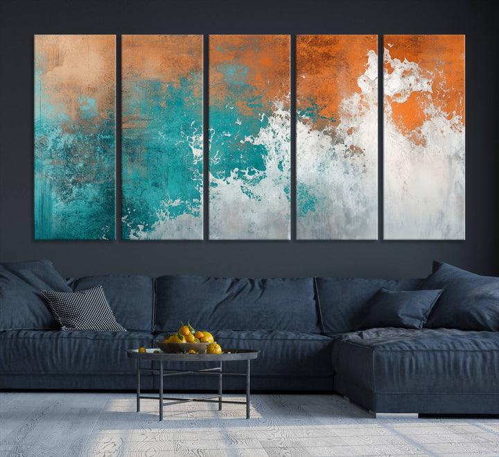 Vintage Abstract Print - Bold Teal and Orange Canvas Wall Art - Retro-Vintage Abstract Orange Canvas for Modern Decor