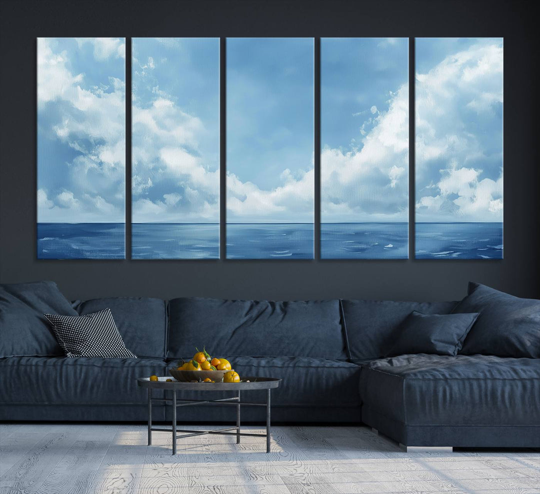 Abstract Ocean Print - Serene Blue Canvas displayed on a porch featuring minimalist decor.