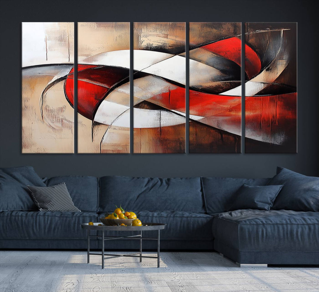 The "Abstract Wall Art - Modern Red and White Canvas Wall Art Print" features bold geometric shapes in red, black, and white on a beige background, enhancing contemporary aesthetics. This canvas print adds a striking focal point to any room, beautifully complementing the modern vibe of the space.