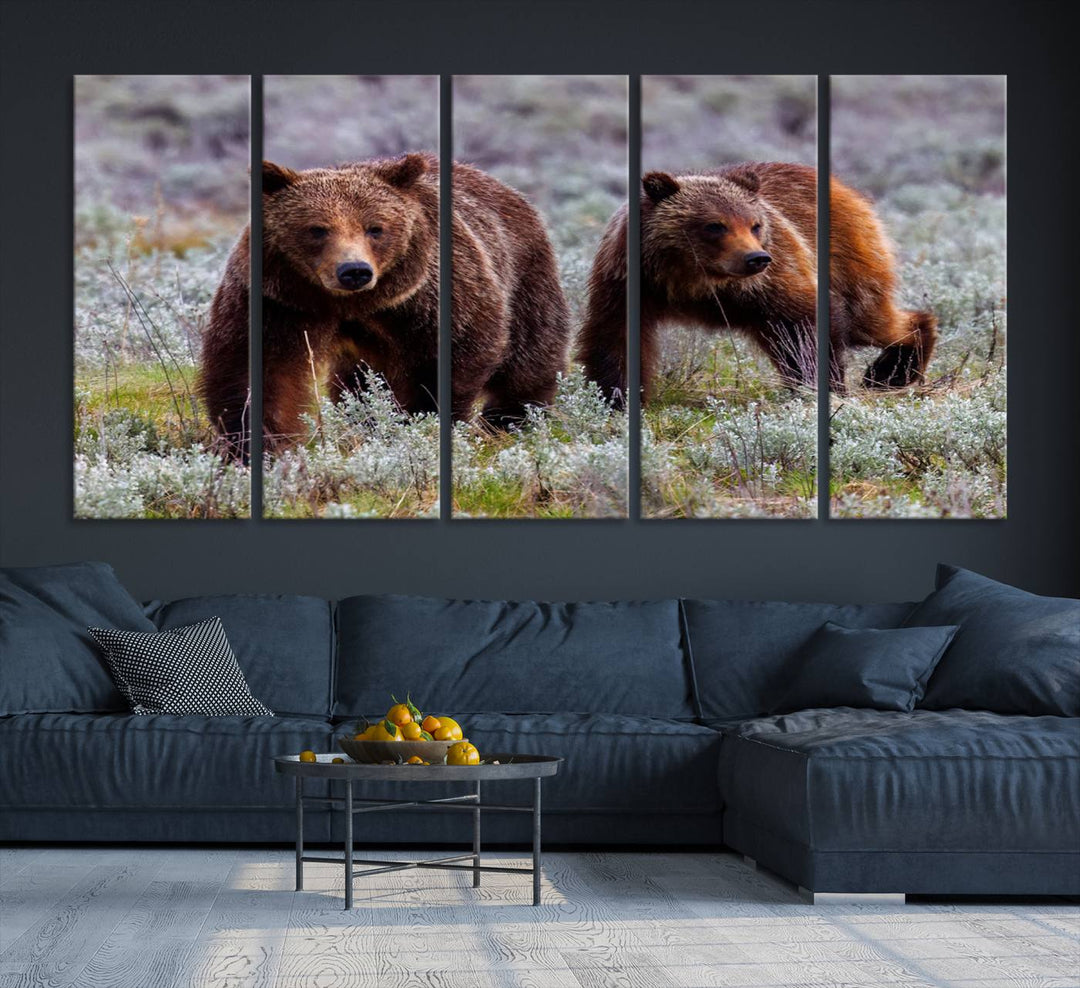 The "Grizzly 399 in Wild Flowers" wall art canvas print, showcasing grizzly bears amidst vibrant wildflowers, elegantly captures the enchanting essence of nature. This handmade piece from the USA brings striking beauty to any space.