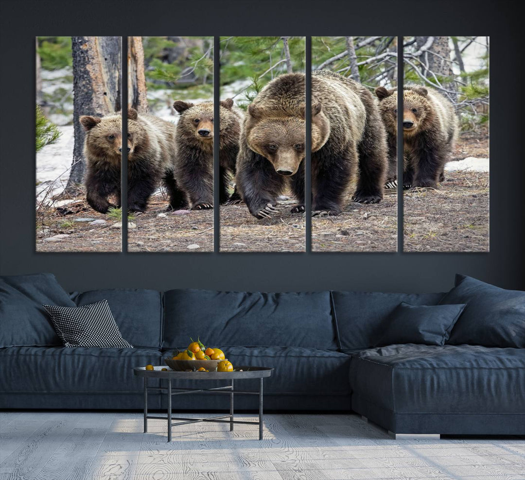 The Grizzly 399 and Cubs in Wild Flowers Wall Art Canvas Print, depicting grizzly bears amidst wildflowers, is elegantly displayed.