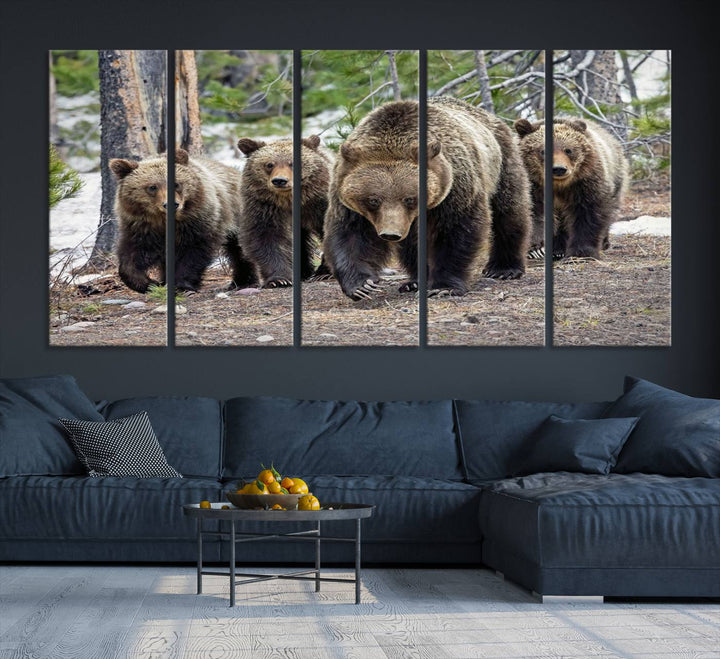 The wall art, a breathtaking canvas print titled "Queen of the Tetons," features 399 Grizzly Bear Cubs majestically captured in a forest setting. It is printed on premium canvas and handmade in the USA.