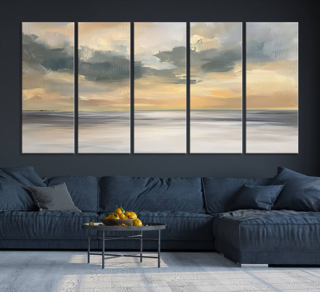 The Modern Coastal Wall Art Canvas Print features vibrant abstract ocean waves and clouds.