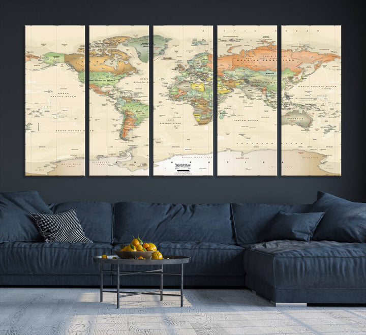 The Large Push Pin World Map Wall Art Canvas Print, with a gallery-quality finish, is carefully crafted on premium canvas and handmade in the USA. This piece adds a touch of elegance to any space.