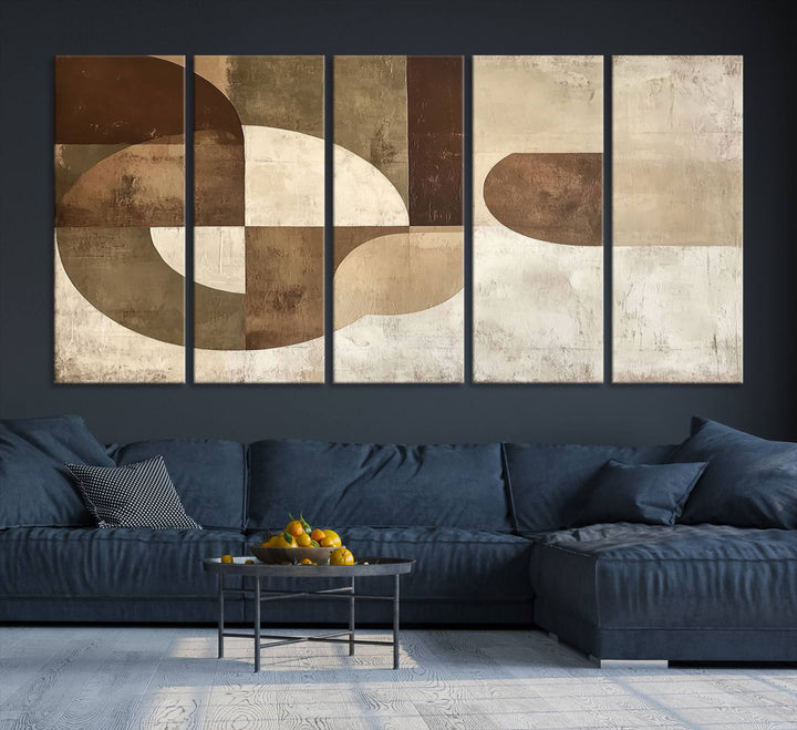 A Wabi Sabi Geometric Minimalist Wall Art Canvas Print—with a modern abstract geometric design in brown and beige tones—stands proudly in front of a house.