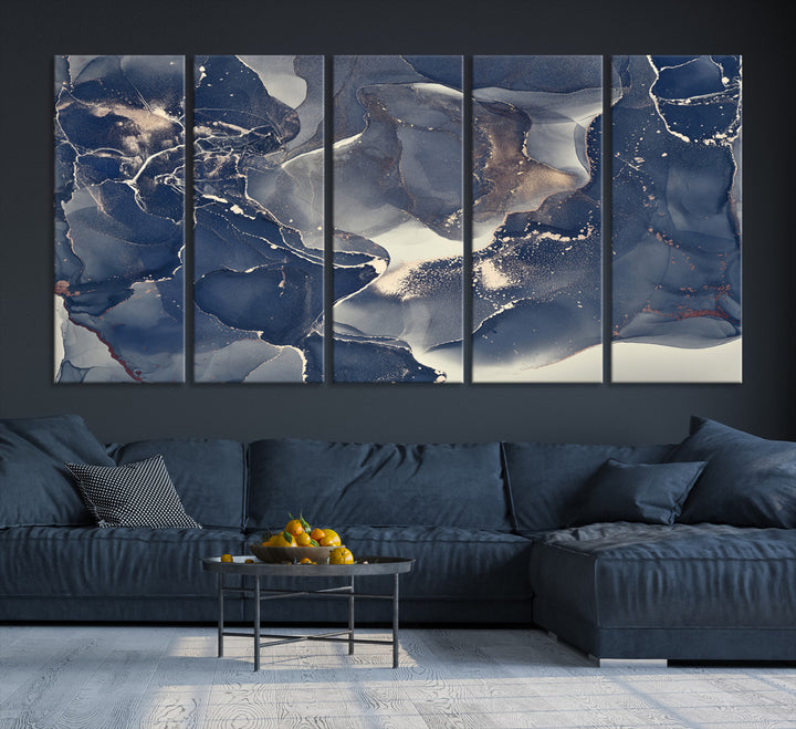 Large Abstract Blue and Gold Canvas Wall Art | Fluid Ink Artwork Print | Luxury Wall Decor for Contemporary Interiors | Framed Ready to Hang