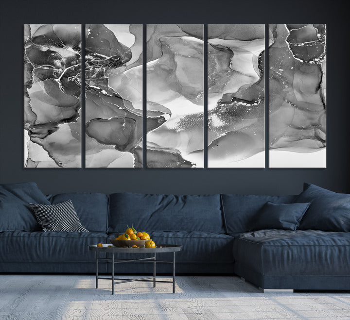 Black White Abstract Canvas Wall Art - Fluid Ink Artwork - Modern Luxury Wall Decor for Contemporary Interiors