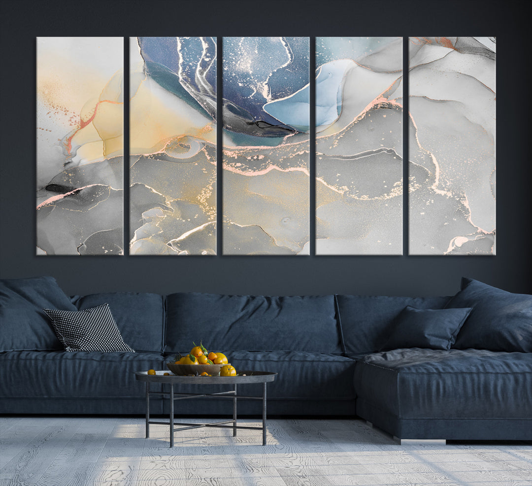 Large Abstract Blue and Gold Canvas Wall Art | Fluid Ink Artwork Print | Luxury Wall Decor for Contemporary Interiors | Framed Blue and Gold