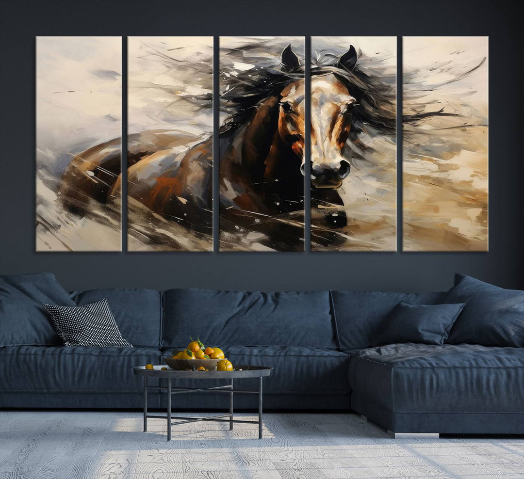 The Abstract Wall Art Horse Print adds rustic charm.