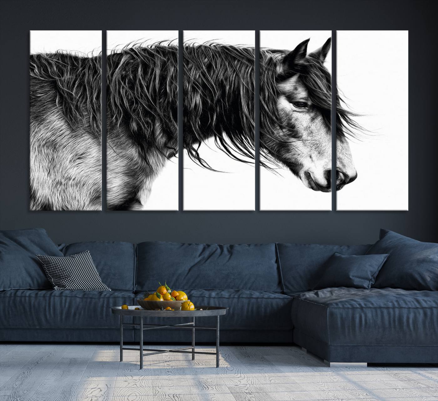 A stunning black-and-white portrait of a horse with a flowing mane, captured in dramatic detail and emotion.