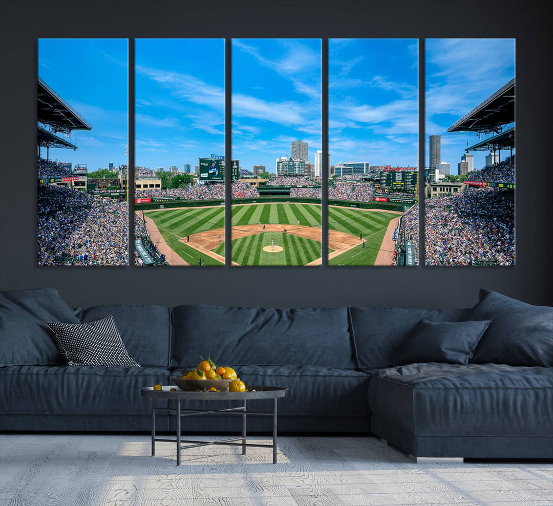 The Wrigley Field Chicago Cubs canvas art, depicting the iconic stadium, is perfect for sports lovers.