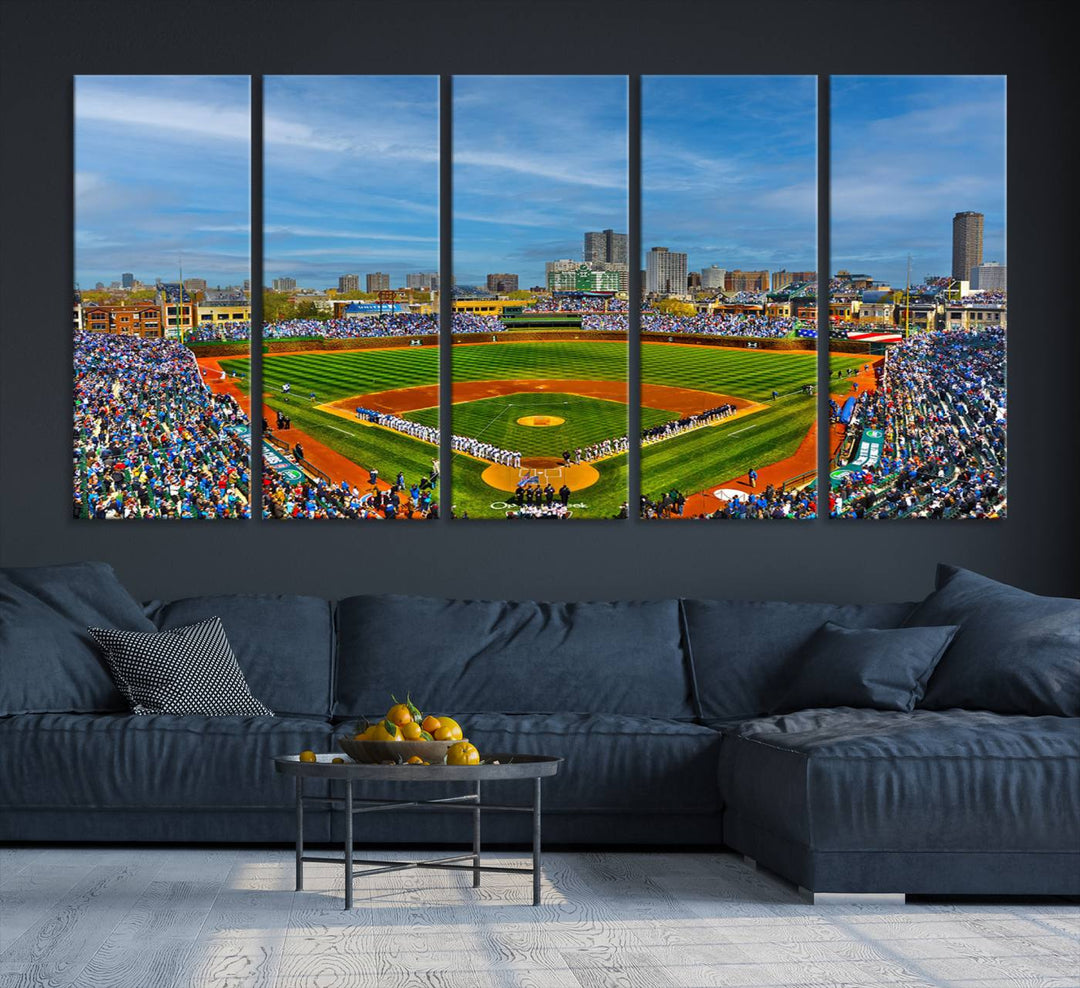 The Wrigley Field Cubs Panoramic Canvas Art hangs prominently in the modern living room.