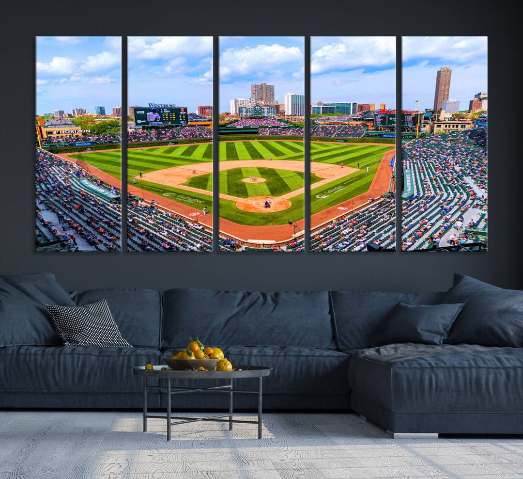 A 3-piece panoramic canvas wall art showcases an aerial view of a packed Chicago Cubs game at Wrigley Field, perfect for sports lovers.