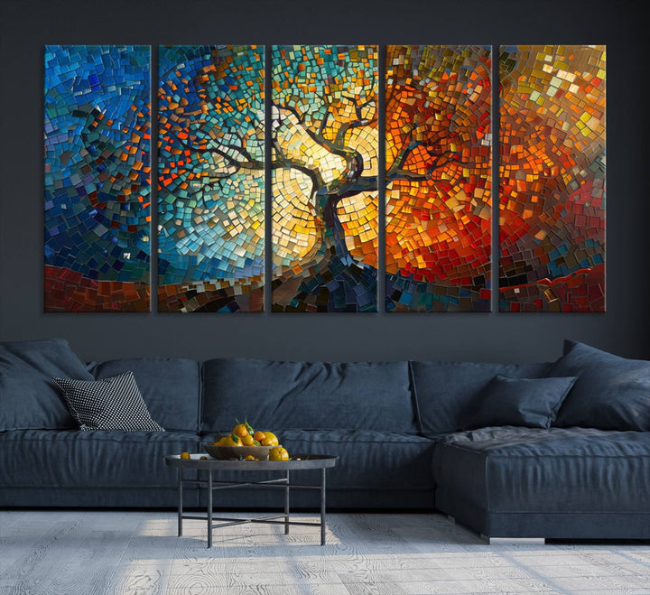 Mosaic Tree Canvas Wall Art: A stunning stained glass-inspired Tree of Life featuring blue and orange swirling patterns reminiscent of a sunburst.