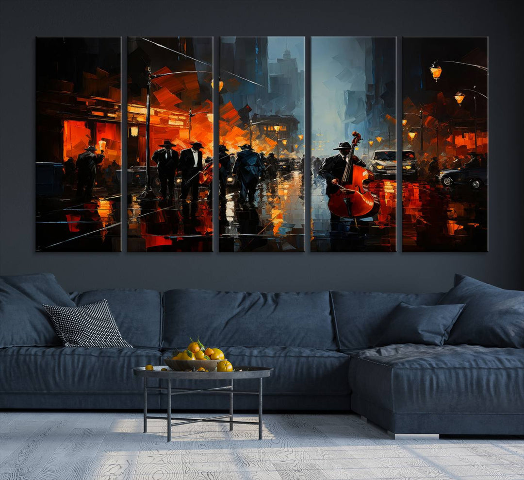 Framed Abstract Music Canvas: Jazz musicians on a rainy city street at night, with warm lights reflecting on wet pavement.