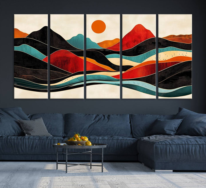 The Colorful Western Triptych Canvas features a vibrant mountain and sun design, making it perfect for modern kitchens or log cabin walls.