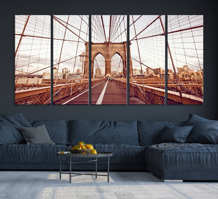 The three-panel "Wall Art New York Manhattan Cityscape Canvas Print" of the Brooklyn Bridge makes an ideal addition to minimalist interiors, capturing the essence of abstract expressionism.