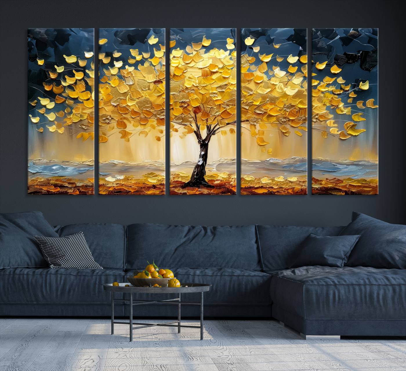 A stunning impasto painting captures the golden hues of autumn with a vibrant tree glowing against a dramatic blue and brown backdrop.