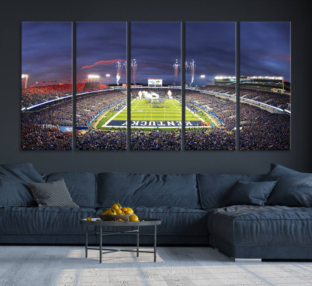 A filled stadium at dusk and fireworks overhead are beautifully captured in the Kroger Field Canvas Wall Art - Sunset Football Stadium Decor.