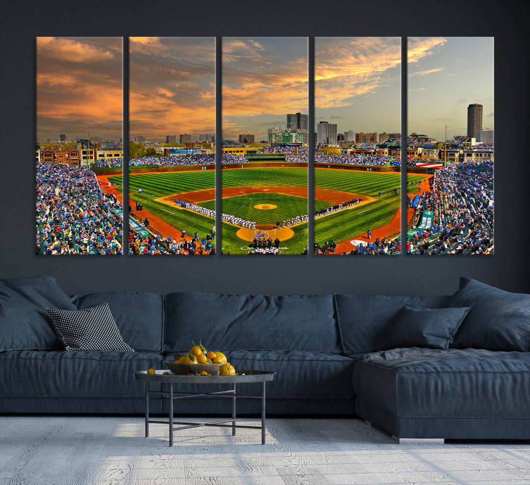 Aerial view of Wrigley Field at sunset against a vibrant sky, creating the perfect Chicago Wrigley Field Canvas Wall Art.