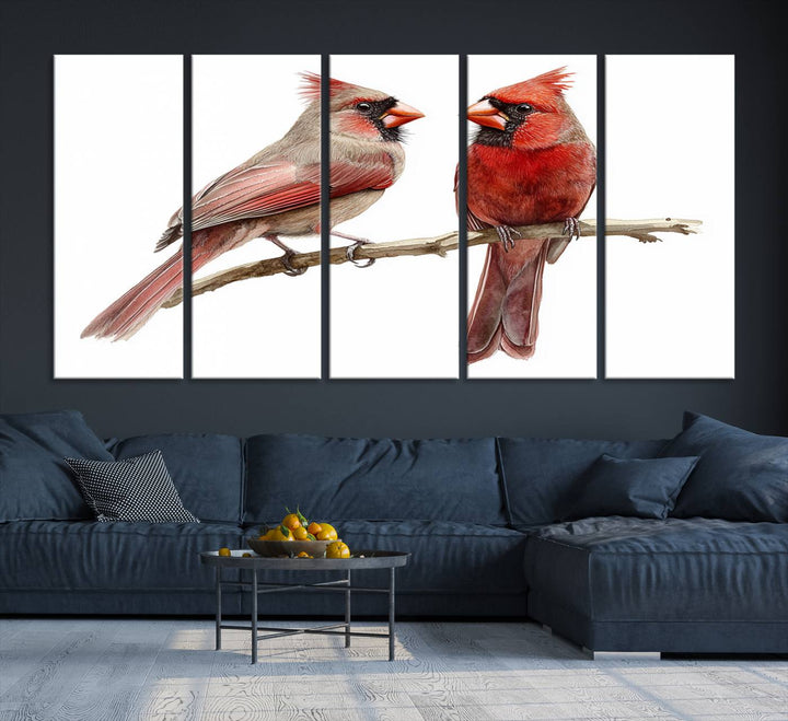 The Cardinal Bird Canvas Wall Art showcases two cardinals on a branch.