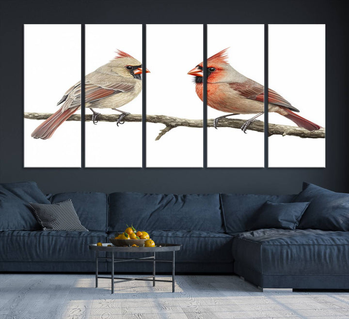 A Cardinal Canvas Wall Art print of cardinals on a branch hangs prominently.