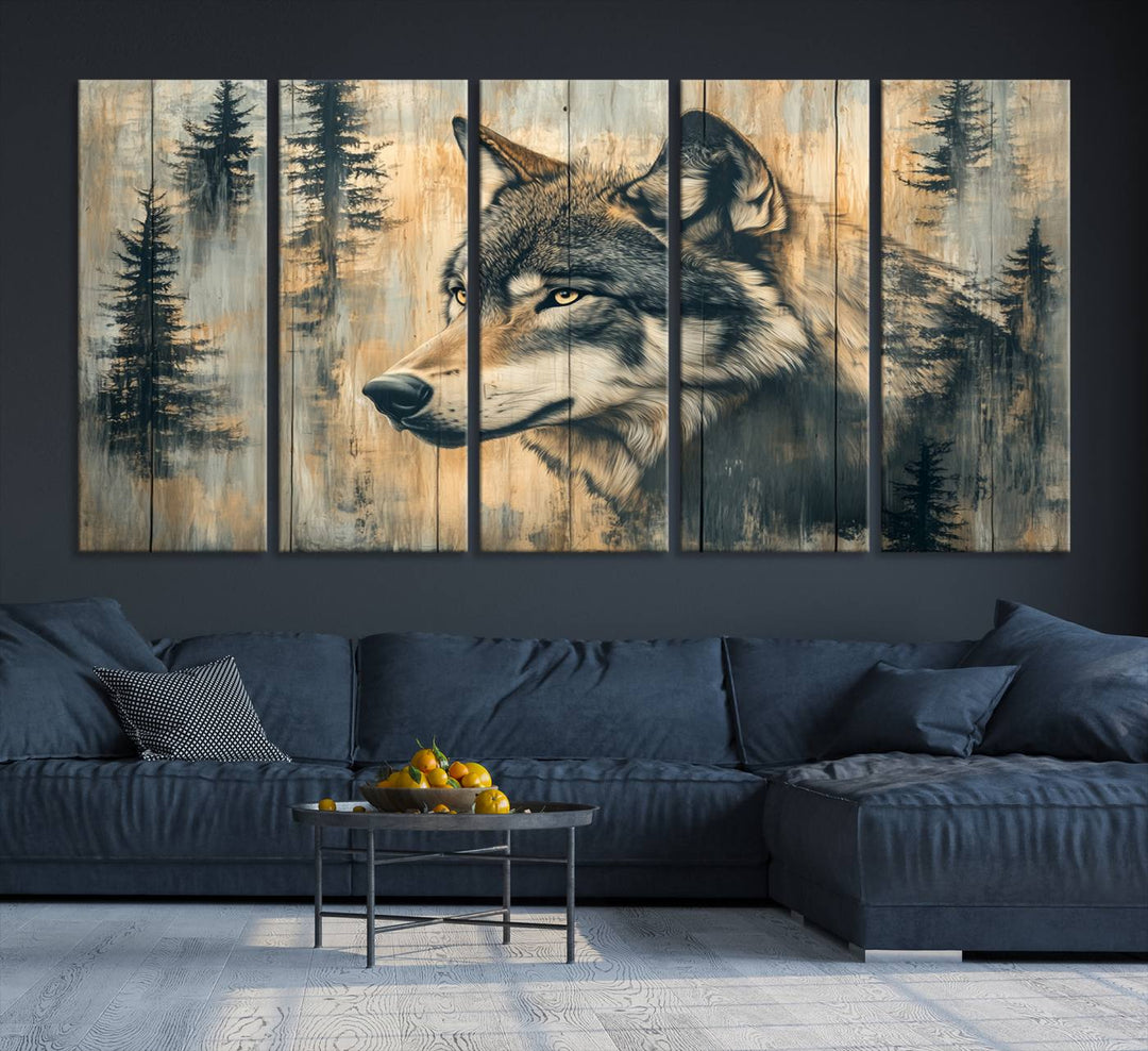 Above the counter is a Wood Style Rustic Wolf Wall Art Canvas Print.