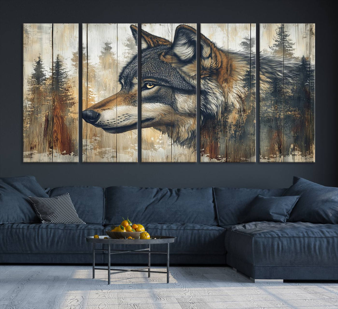 A kitchen dining area features Rustic Wolf Wall Art.