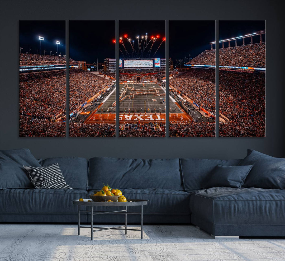 A Texas Memorial Stadium canvas print with fireworks embellishes the modern living room.