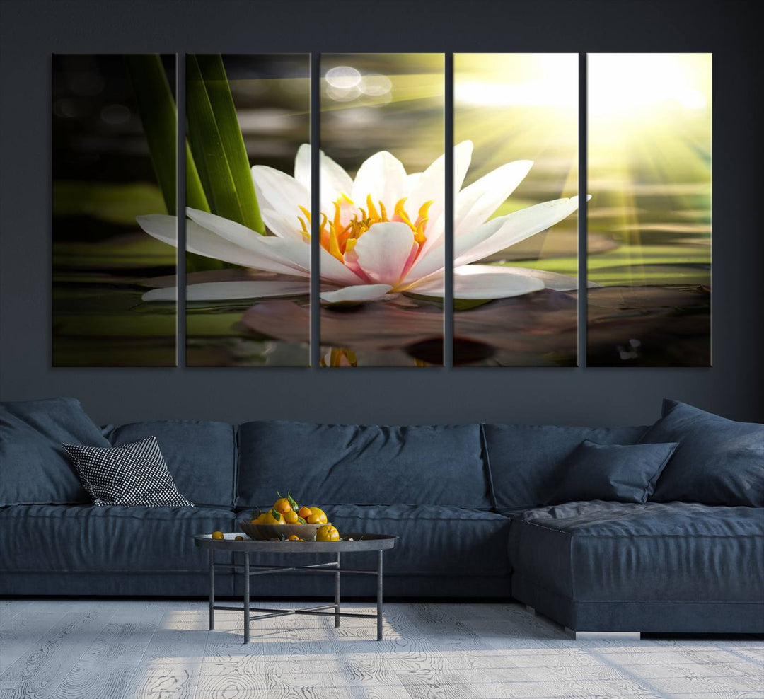 The Lotus Flower Wall Art Canvas Print showcases a white water lily with a yellow center floating gracefully in sunlight.