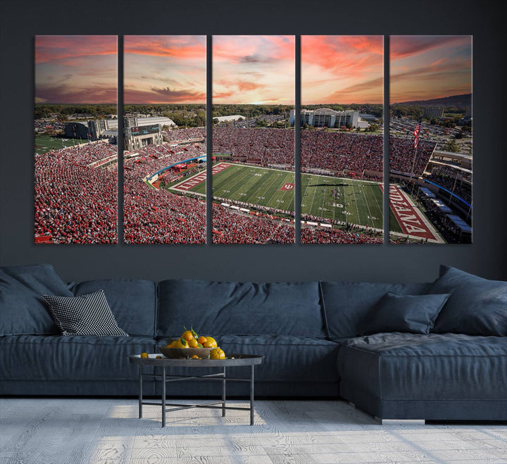 Gallery-quality Indiana Memorial Stadium Wall Art Canvas: A stunning view of the stadium at sunset.