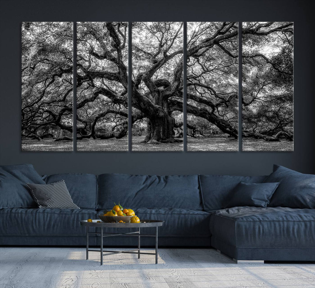 The Black and White Old Angel Oak Tree Canvas Print enhances the modern dining room.