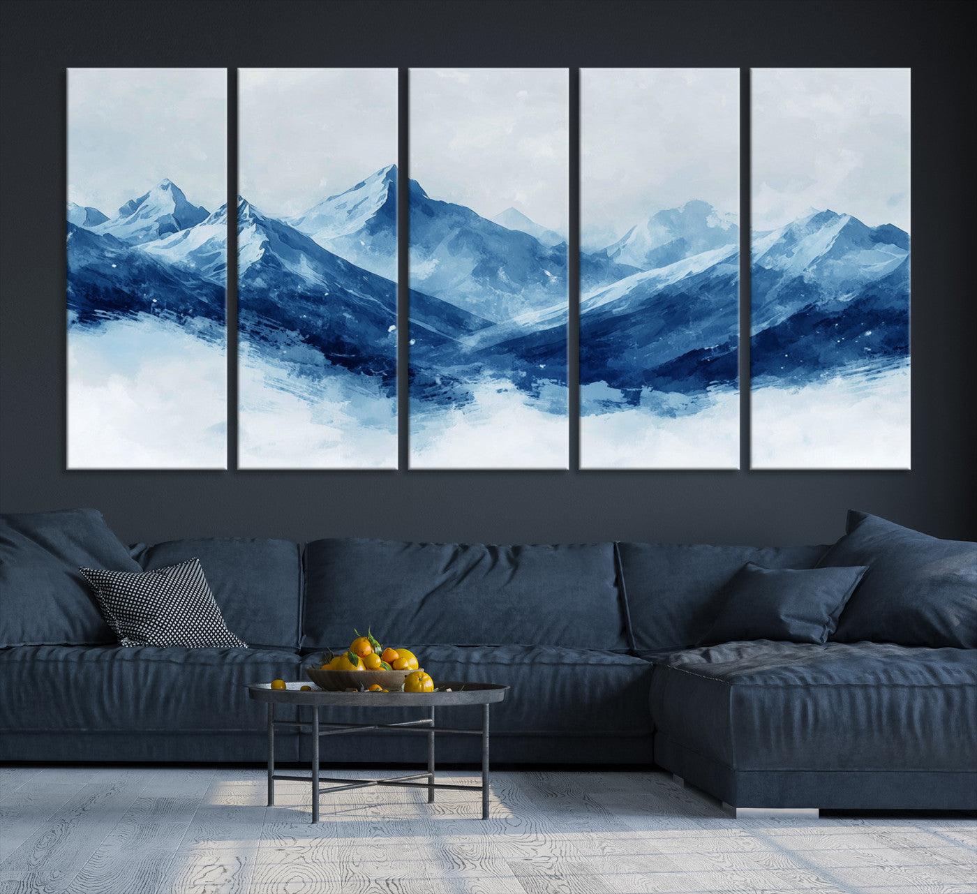 Peaceful watercolor-style painting of snowy blue mountains in soft tones, perfect for winter-themed or minimalist wall decor.