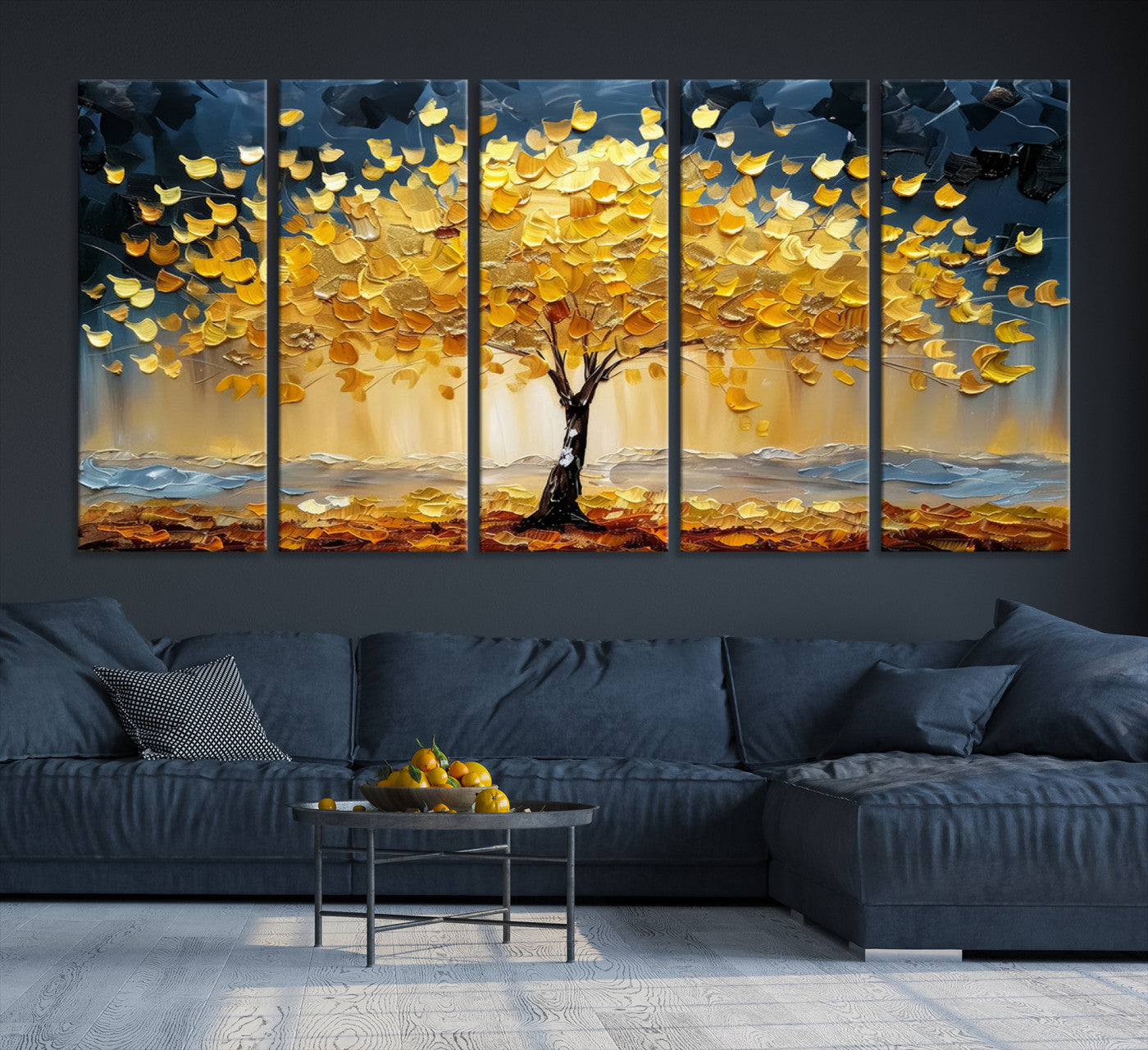 Canvas of a golden autumn tree with textured brushstrokes and moody blue skies, perfect for dramatic and vibrant home decor.