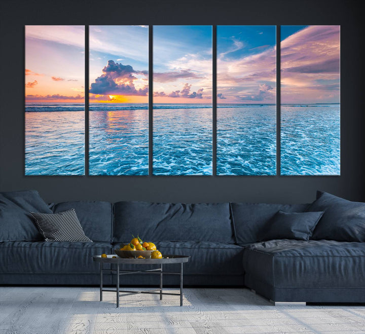 An Ocean Sunset Canvas Wall Art depicting a vibrant sky and rolling waves.