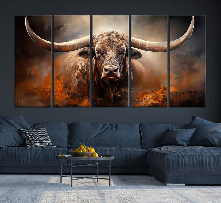 A Highland Bull with striking horns is depicted in a fiery abstract style on a ready-to-hang wall art canvas, evoking strength.