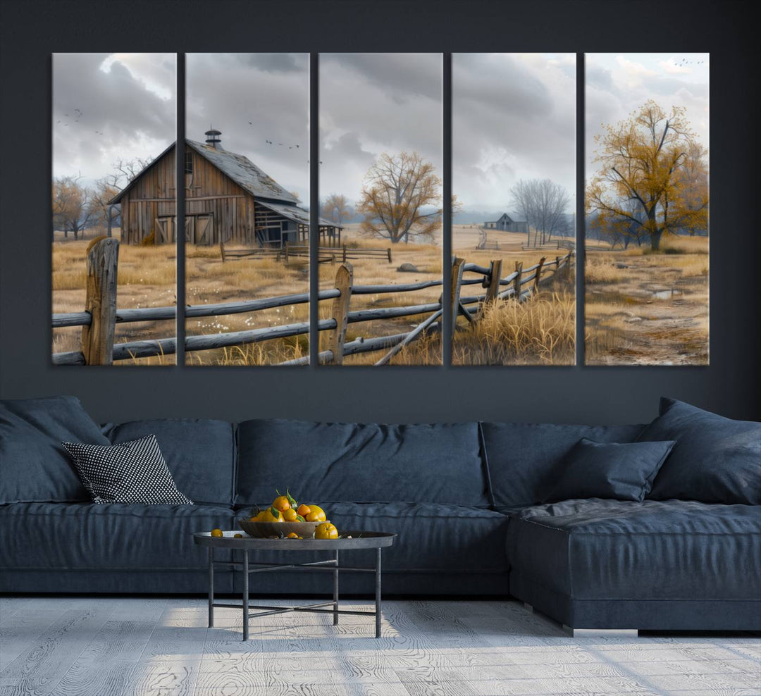 Rustic Autumn Farmhouse Wall Art – Weathered Barn & Trees Canvas Print, featuring a serene scene with birds in the sky. This piece is ready to hang.